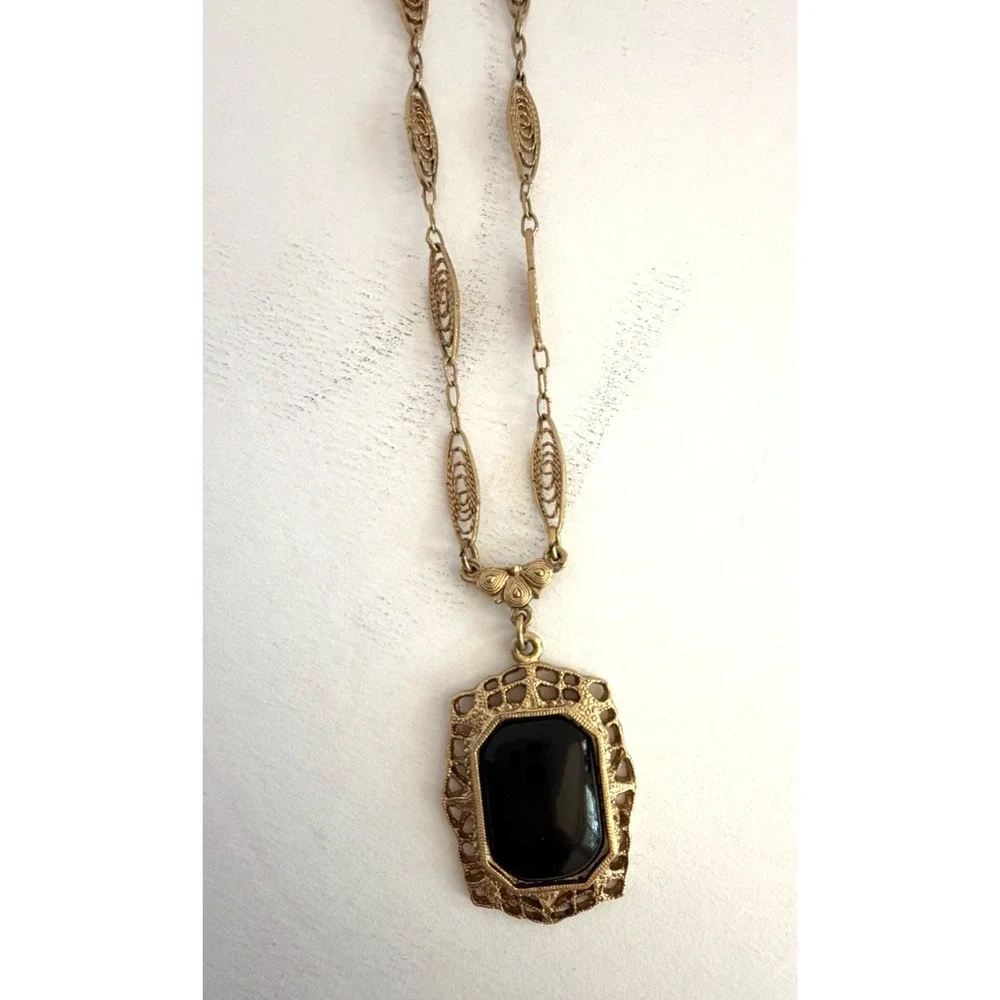 1928 Necklace Gold Tone Filigree Black Emerald Shaped Pendant